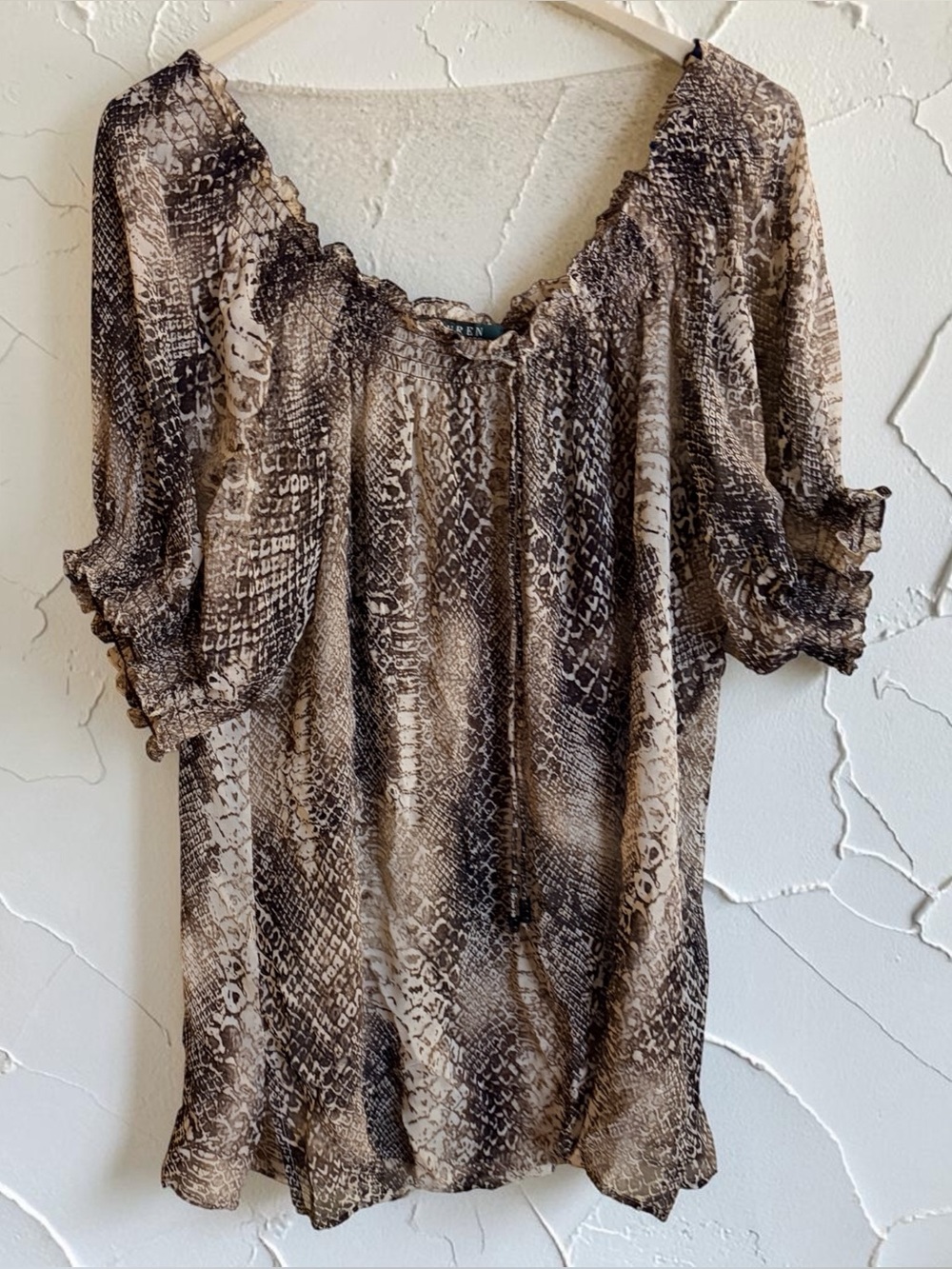 Lauren Ralph Lauren 100% Silk Snake Print Flowy Peasant Blouse Shirt Size Large